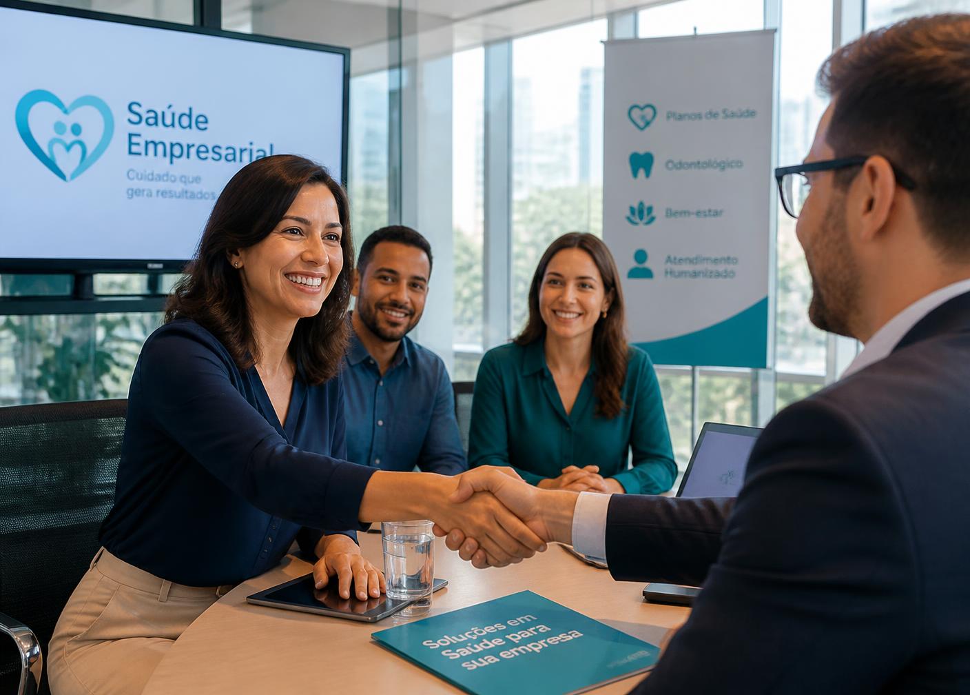 Equipe empresarial em reunião com consultor de plano de saúde empresarial em Goiânia